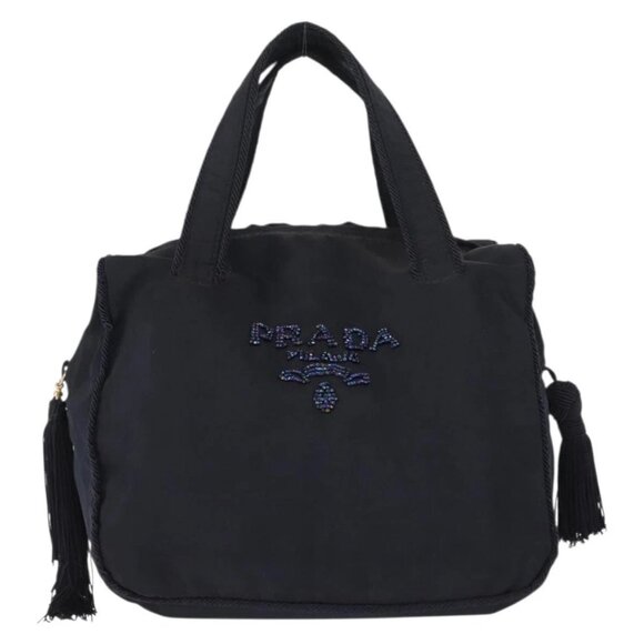 PRADA Beads Fringe Hand Bag Nylon Navy Gold - Picture 10 of 16